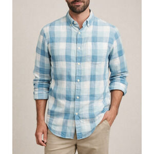Banana Republic Linen Shirt Mens L Blue White Plaid Button Lightweight Casual